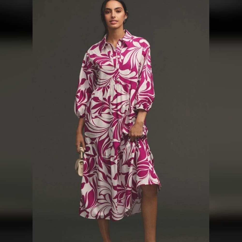 Anthropologie The Bettina Tiered Shirt Violet and White Floral Midi/Maxi Dress